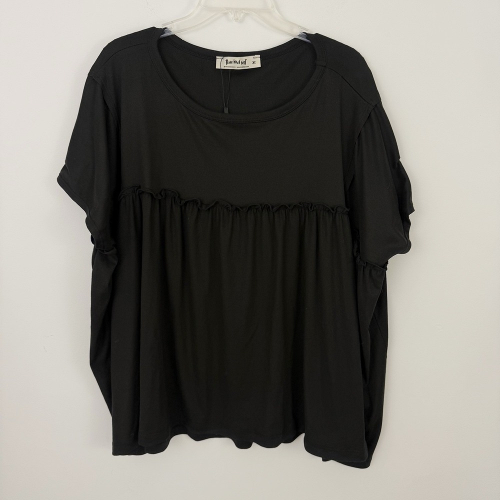 THREE BIRD NEST Black Knit TOP XL Babydoll Ruffle Oversized Swing Boho Artsy - Picture 2 of 8